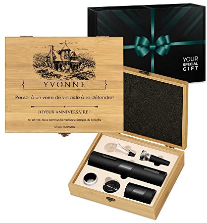 Maverton Ensemble d'accessoires pour vin pour femme - Set a vin dans coffret en Bois de Bambou - Boîte personnalisée - Jeu d'Accessoires pour Vin pour elle - Pour anniversaire - CHÂTEAU