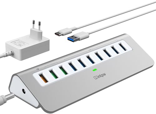 Intpw USB Hub mit Netzteil 10Gbps, 10 Port USB 3.1 Gen 2 Hub mit 7 USB 3.1 Datenanschlüssen, 3 Schnellladeanschlüssen, 36W Netzteil, 3,3ft Typ A und Typ C Kabel, Aluminium USB Hub Aktiv für Mac, PC