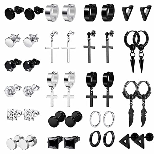 20Paia Acciaio Chirurgico Orecchini per Uomo Donna a Cerchio Nero Pendente Croce Kpop Huggie Anallergici Set Tondo Argento Zirconi Punk