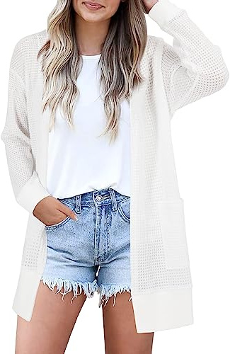 STYLEWORD Women's Cardigans 2026 Fashion Business Sweaters Lightweight Open Front Loose Casual Long Daily Cardigan Outfits Cute Clothes with Pockets(White-M)