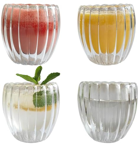 Latte Macchiato Gläser Set, 4x250ml Doppelwandige Kaffeegläser aus Borosilikatglas Kaffeetassen Glas mit Löffel, Kaffeeglas Teegläser für Cappuccino, Latte, Tee, EIS, Iced Americano, Milch, Saft, Bier