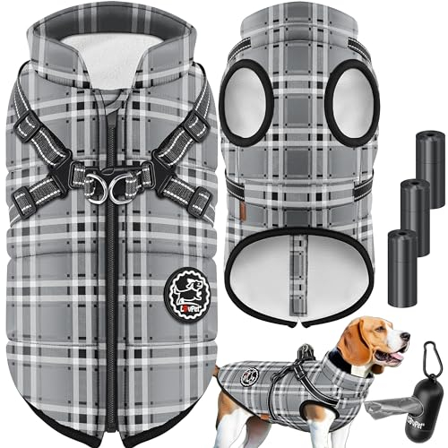LOVPET® Hundejacke Hundemantel mit Geschirr, inkl. 45 Stück Kotbeutel + Spender, Hunde Winterweste gefüttert wasserdicht, Gepolsterte Weste Mit Brustgurt, Reflektoren, D-Ring 3XL, Grau