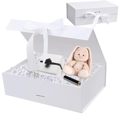 Geschenkbox, Geschenkbox mit Deckel, 21 * 17 * 7cm Geschenkboxen mit Schleife, Geschenkverpackung Magnetfaltbox für Geburtstag, Hochzeit, Valentinstag, Weihnachten, Jubiläum Partei (Weiß)