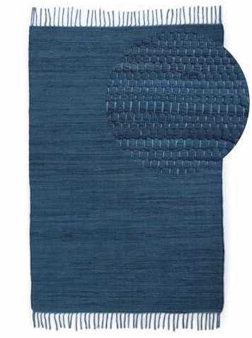 CarpetFine Alfombra de Tejido Plano Kilim Chindi Uni Azúl 60x90 cm | Alfombra Moderna para salón y Dormitorio