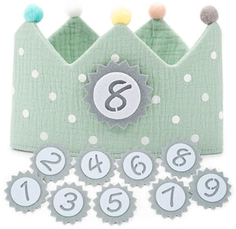 Zouwel Geburtstagskrone Junge, Geburtstagskrone Kinder Mädchen, Geburtstagskranz aus Button Zahlen von 1-9, Krone Geburtstag Party Deko für Kindergeburtstag, 1. geburtstag Junge (Grün)
