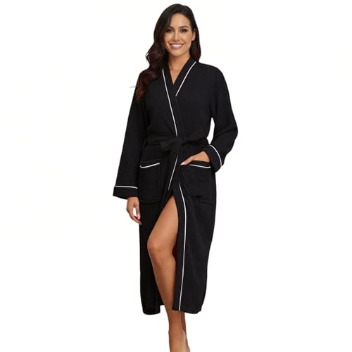 RONGTAI Women's Waffle Weave Robe - Solid Colour Bathrobe, Soft, Absorbent & Cosy for Spa, Home and Gifting (UK, Alpha, XXL, Regular, Regular, Black)