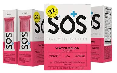 SOS Hydration Rapid Action Electrolytes Watermelon Flavour (32 Powder Sachets) Daily Hydration Packed with Vitamins, Highly Versatile Energy Boost for Travel, Recovery and Wellbeing | Low Sugar