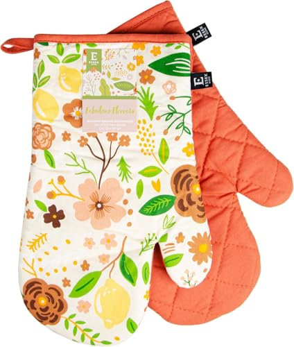 ESSEX - Ofenhandschuhe Hitzebestaendig, Modernes Weihnachten Topflappen Handschuh Set, aus Baumwolle, 19 x 30 cm, Ausgezeichneten Qualität - Fabulous Flowers, Beige