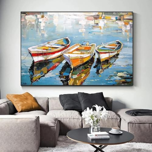 CHAOJIART 3 barcos, pintura al óleo sobre lienzo, paisaje marino, carteles e impresiones, arte de pared abstracto, cuadros para sala de estar, decoración del hogar, 80 x 120 cm, sin marco