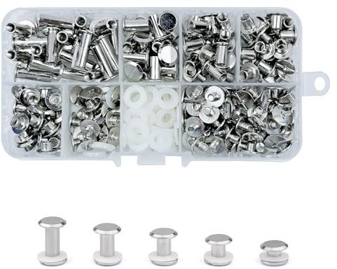 KUKUJIWA 100 Set Vite di Rilegatura Rivetti, Rivetti a Vite,M5*4/6/8/10/15 mm Vite Piatta in Nichel,Viti Testa Tonda Croce Chicago per Rilegatura kit di cintura pelle, chiodi, portafoglio (Argento)