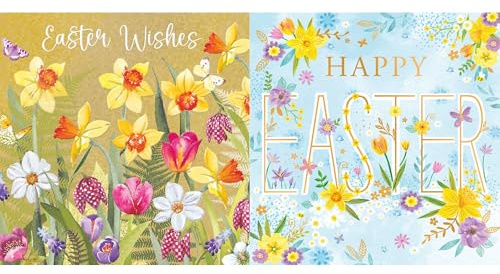 Noel Tatt Easter Greeting Cards Pack of 6 - Happy Easter Cards with 2 Assorted Spring Flowers Designs - Daffodils and Tulips - General Multipack for Family and Friends - 127 x 127mm