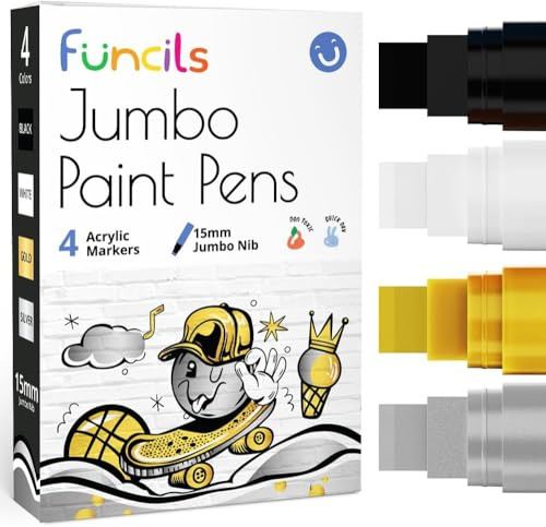 4 Fat Acrylic Paint Markers, 15mm Jumbo Tip - White, Black, Gold & Silver | Jumbo Poster Markers - Large Thick Permanent Paint Pens for Wood, Glass, Metal, Walls, Fabric, Signs, Board, Teachers