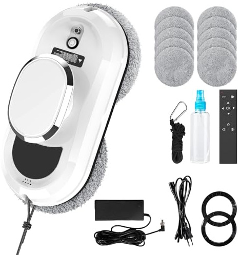 QIAKEFE Robot Nettoyeur Vitre, 5600Pa Robot Laveur de Vitre Automatique avec Navigation Intelligente, Système de Sécurité Anti-Chute, Télécommande et 10 Chiffons pour Toutes Surfaces Lis (A)
