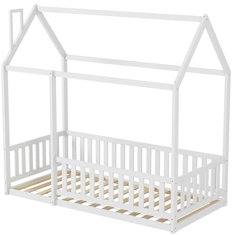 FUSIDE Kids Single Bed Frame Children’s House Bed Frame with Protection,Solid Pine Wood White Floor Bed for Toddlers and Children