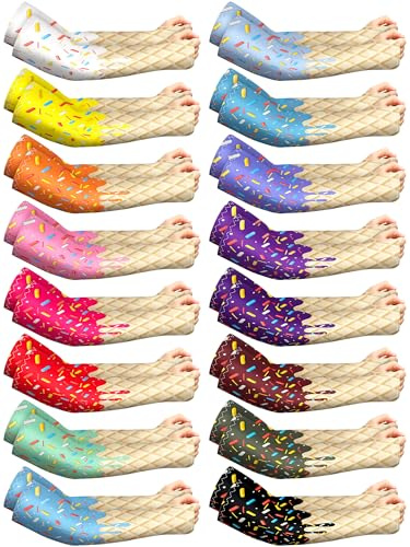 JaGely 16 Pairs Ice Cream Arm Sleeves for Kids UV Sun Protection Football Basketball Baseball Compression Long Sleeves Youth (Ice Cream with Thumb Hole,8-10 Years)