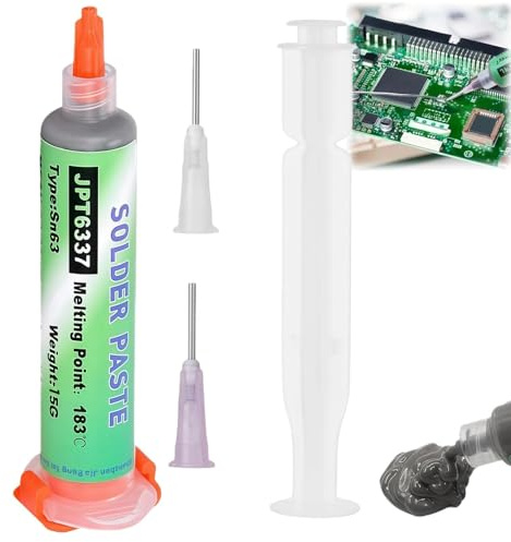 15g Sn63/Pb37 Flux Soldering Paste, 183°C Melting Point Solder Flux Paste, Silver Solder Pastes, Syringe F-lux Pen with 2 Needles & 1 Pusher for PCB, IC, CPU, LED, BGA Repair