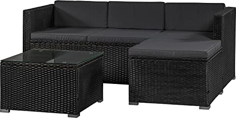 Juskys Polyrattan Lounge Punta Cana M für 3-4 Personen mit 3er Sofa, Sessel, Tisch & Kissen, Sitzgruppe für Garten, Terrasse und Balkon, Gartenmöbel Set wetterfest - schwarz/grau