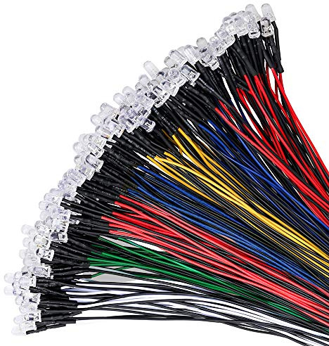 YIXISI 100 ST 5mm LED Dioder Ljus 5 Färger (Varje Färg 20 st) Ultraljus 12V 20cm Förkopplad, LED Dioder Ljus - Vit Röd Blå Grön Gul