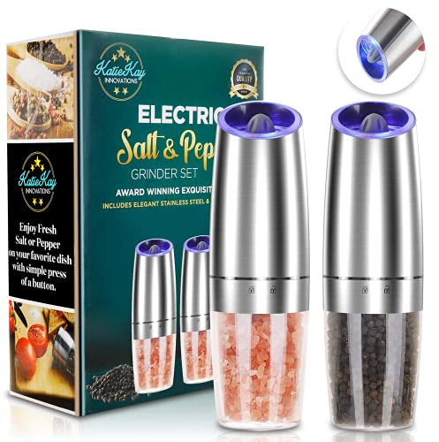 Electric Salt and Pepper Grinder set of 2, Automatic Salt and Pepper Mill Grinder, Adjustable Roughness, Battery Powered with Blue LED Light, Stainless Steel with One Hand Operation (Sliver)