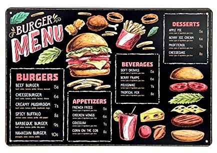 FÉENOMENN Plaque Métal Déco Vintage - Menu Burgers Façon Ardoise - Fast Food Sandwich Frites Soda (20x30cm)