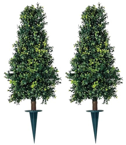 Two Artificial UV Rated 30'' Boxwood Cone Topiary w/Spike, Silk Tree Warehouse Indoor Outdoor Tree Bush Ball Plant Evergreen Pine (LLC100389Y)