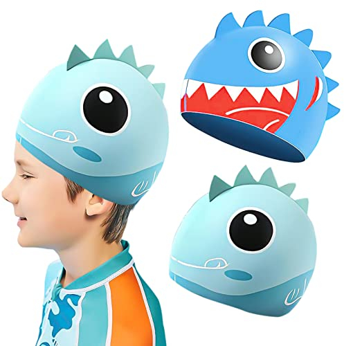 2 Stück Badekappe Kinder Lange Haare Gute ElastizitäT Badehaube Wasserdicht Schwimmhaube Dinosaurier Hai Prämie Weich Silikon gedruckt Badekappen für 2-12 Jahre Jugend Jungen mädchen -Blau