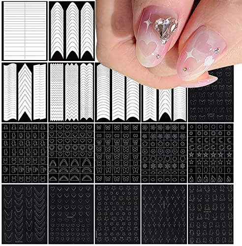 SILPECWEE 17 Sheets Airbrush Stencils for Nails French Tip Nail Guide Nail Design Stickers Bear Butterfly Heart Star Nail Art Stickers Decals Printing Template Tool Manicure Strips Nails Decoration
