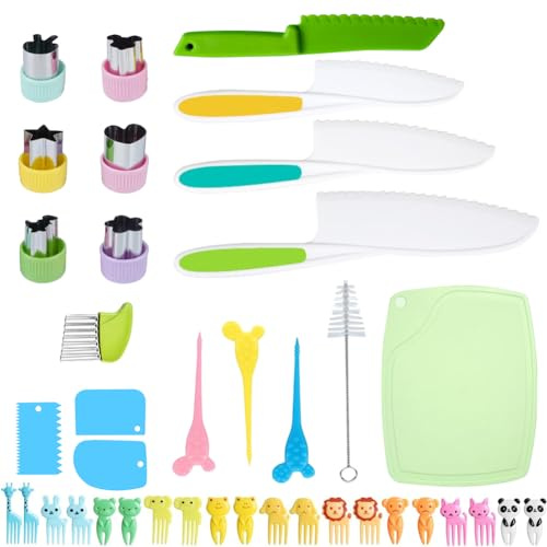 GORNNEW Kinderbesteck-Set aus 40 Teilen, geeignet für Kleinkinder zum Schneiden und Kochen, beinhaltet ein und ein Schneidebrett kindersicheres Kochmesser, Kochen von Obst oder Gemüse