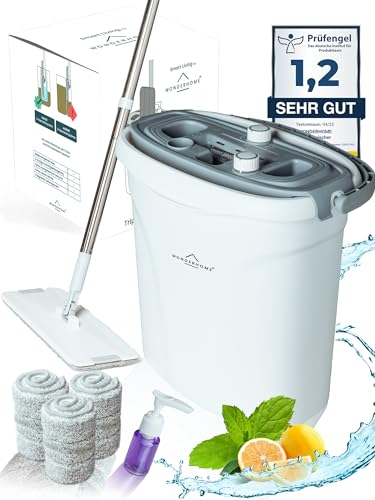 WONDERHOME Wischmopp Set mit Eimer – Bodenwischer mit 3-Kammersystem - Wischer mit großvolumigen Putzeimer - Mopp-Set - Wischmopp mit Auswringfunktion - Hydro Inkl. Seifenspender