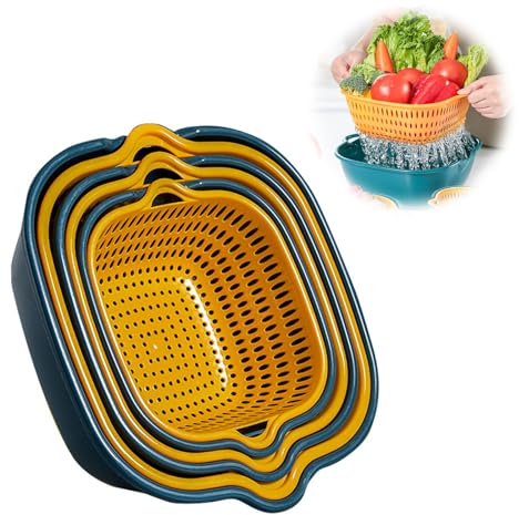 6 Stück Multifunktion Küchensieb Set, Nudelsieb, 2-in-1 Seiher, Küche Sieb, für Obst Gemüse Reis Sieb (Blau und Gelb)