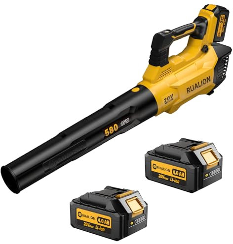 RUALION Leaf Blower Cordless, Electric Leaf Blowers Up to 580 CFM 160 MPH, Battery Powered Blowers for Lawn Care, Patio, Garage(2 * 20V 4.0 Ah Batteries and Charger Included)