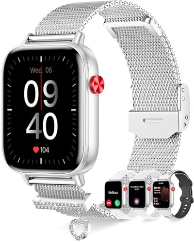 Erkwei Orologio Smartwatch Donna con Chiamate Bluetooth 4 Cinturini 110+ Sport Frequenza Cardiaca Contapassi Sonno Orologio Donna Fitness Tracker Compatibile con Android iOS, Argenteo