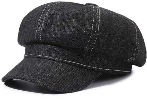 Casquette Newsboy pour femme - Béret d'été - 8 panneaux - Chapeau de taxi vintage - Casquette à visière octogonale - Casquette en jean pour femme, Noir , L