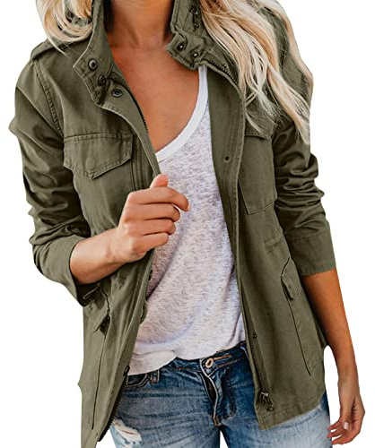 Veste Militaire Femme Blouson Mi Saison Grande Taille Manteau Court Parka En Coton pour Printemps Décontracté Kaki Jacket Veste En Jean Saharienne Femme Legere Sports avec Poches Ziper 2024