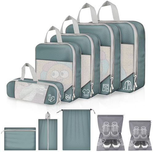 vonsera Organizadore Maleta, Juego de 10 Bolsas Compresion Viaje con Bolsa para Zapatos, Tela de Malla, S/M/L/XL Organizador de Equipaje, Packing Cubes para Maletas y Mochilas, Gris