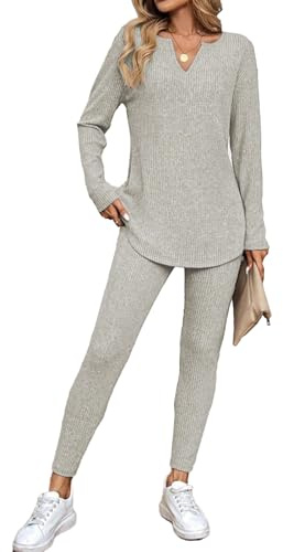 JENJON Mujer Conjunto de Traje de Ocio Manga Larga de Dos Piezas Leggings de Punto Acanalado Cuello en V Casual Chándal Traje Otoño Invierno