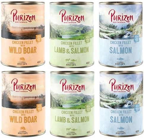Purizon Adult Mixpaket | 3 Sorten: Wildschewin, Lachs, Lamm | Katzenfutter nass | getreidefrei | 6 x 400 g