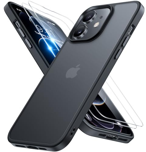 Miracase for iPhone 12/12 Pro Case [with 2X Screen Protectors] [TOP Military-Grade Protection] Anti-Fingerprint, Translucent Matte Shockproof Slim 12/12 Pro Phone Case 6.1 - Black