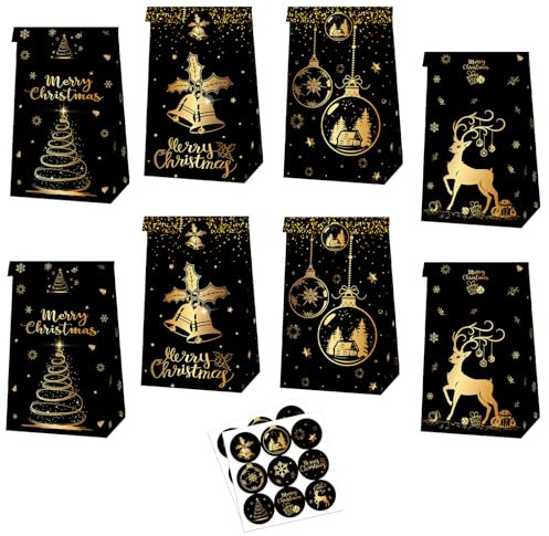 MORAINJAY 12 st julpapper godispåsar, svart guld älg papper presentpåsar, jul högtid festgåva, pojkar och flickor vinter födelsedagsfest tillbehör (18 klistermärken)