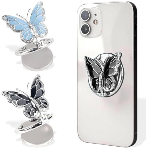 DOKRIN Agarres para teléfonos móviles, 2 soportes de anillo con forma de mariposa para teléfono móvil giratorios y plegables aptos para todo tipo de smartphones y fundas (negro y azul)
