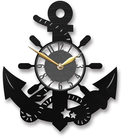 IndieClock Anchor Ship Wheel Wall Clock – Nautical Decor for Coastal Room, Marine Theme Gift Idea, Ocean Lover Accent Art, Sailor Style Wall Piece, Black (12 Vinyl Record (Without Backlight))