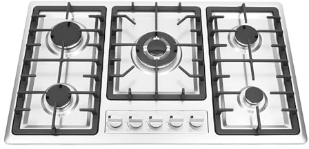 Cocina de gas de 5 quemadores, tamaño de montaje 83 × 47 cm, 5 quemadores con potencias 3,3/2,75/2 × 1,75/1 kW – Botón giratorio individual, con interruptor de llama, conexión de gas para 9,5 mm de