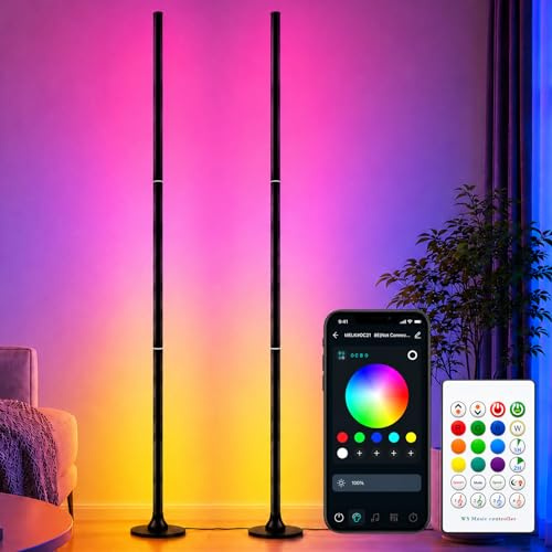 Lámpara de pie RGB para salón, 120 cm, juego de 2 lámparas de esquina regulables con aplicación inteligente y mando a distancia, lámpara de pie LED DIY con 16 millones de colores, sincronización de