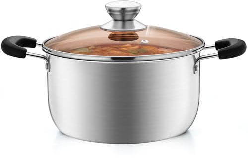 P&P CHEF 4 Qt Stockpot with Lid, Stainless Steel Cooking Stock Pot for Soup, Heat-Proof Double Handles with Visible Lid, Dishwasher Safe & Healthy, 1-Ply Metal