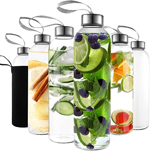 Kitchen Lux 18oz Glass Water Bottles – Pack of 6 Nylon Protective Sleeves, Airtight Screw Top Lids, Portable Carrying Loops - Lead, PVC and BPA Free - Water, Milk, Smoothie, Juice Beverage Glasses