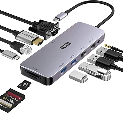 ICZI Hub USB C Docking Station Multiporta Adattatore 11 in 1 con HDMI, VGA, Ethernet, 4 Porte USB, 100W PD, Lettore Schede, Jack Audio compatibile con Computer, Macbook, HP, Dell, Surface