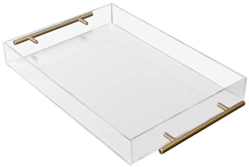 Kurtzy Clear Acrylic Plastic Serving Tray with Gold Handles - L46 x W27.5cm / 18.11 x 10.82 Inches - Large Rectangle Decorative Spill Proof Table Organiser - Tea/Coffee, Drinks, Breakfast & Food Tray