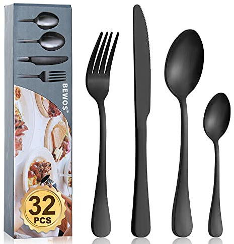 BEWOS – Ensemble de couverts 32 pièces en acier inoxydable avec cuillère, couteau et fourchette, service pour 8 personnes, passe au lave-vaisselle/facile à nettoyer