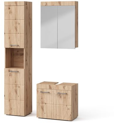 Vicco Meubles Bain Luna, Chêne Wotan, 60 cm, composé d’Un Meuble sous-lavabo, d’Une Armoire Miroir et d’Une Colonne de Rangement
