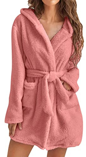 shownicer Robe de Chambre Court Femme en Polaire Douce Peignoir à Capuchon Robe de Bain Hiver Chaud et Epais Peignoir à Capuche Grande Taille Pyjama Manteaux A Rose XS